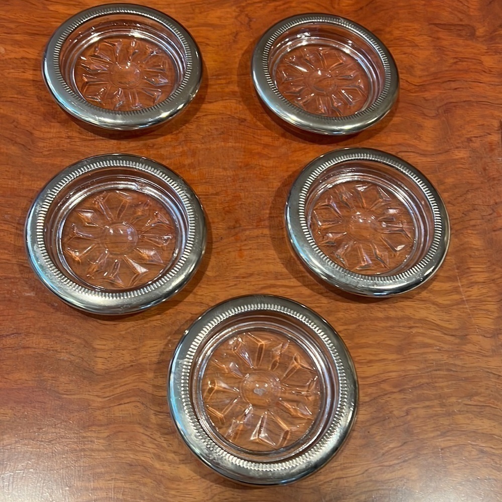 Set of 5 Silver Plated Crystal Glass Coasters